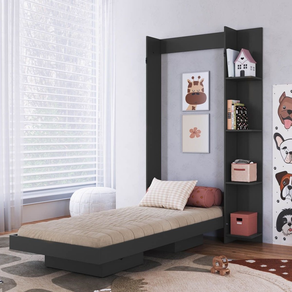Cama Solteiro Juvenil Articulável Vertical com Estante  80 Vancouver Grafite em Oferta na Shopee
