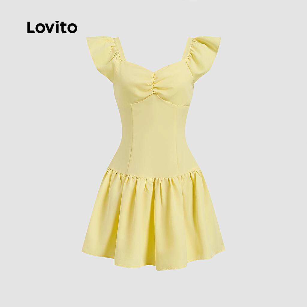 Detalhes do Lovito Vestido Casual Amarelo Liso com Babados para Mulheres em Primavera e Verão L136AD311