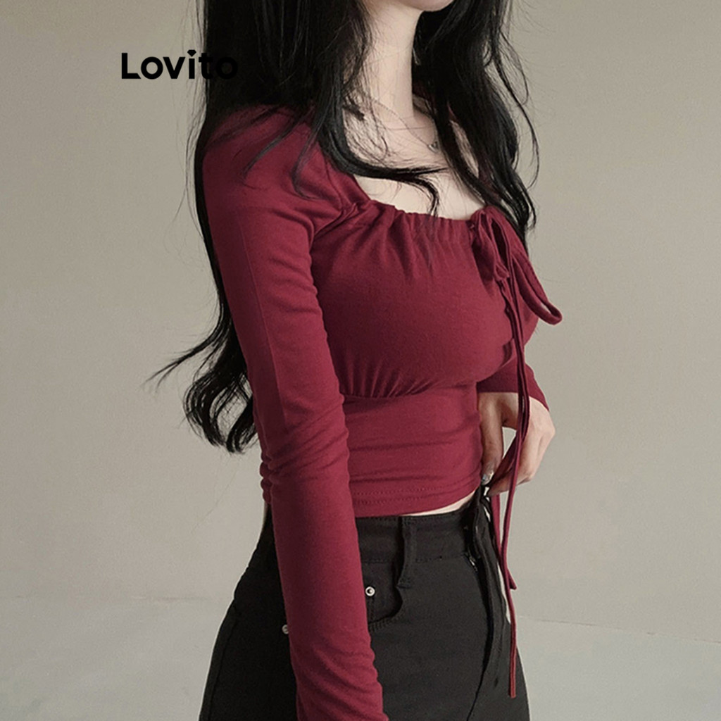 Detalhes do Lovito Camiseta Casual Com Gravata Lisa Frontal Franzida Plissada Para Mulheres L106AD941