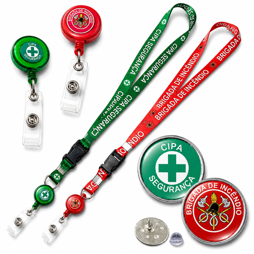 Kit Cipa Brigada Cordão porta Crachá Roller Clip Botton Broche