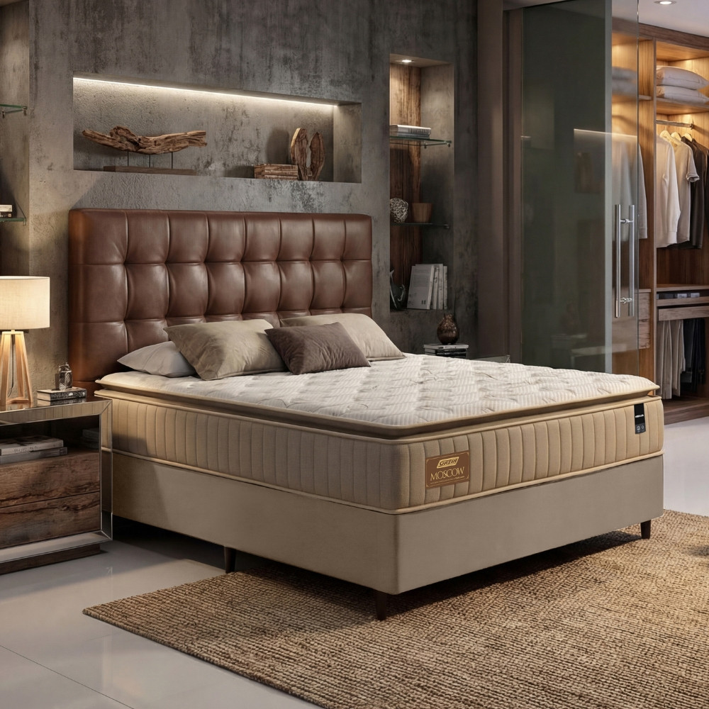 Cama Box Casal 138cm Molas Ensacadas Moscow Mobikasa Base Gazin