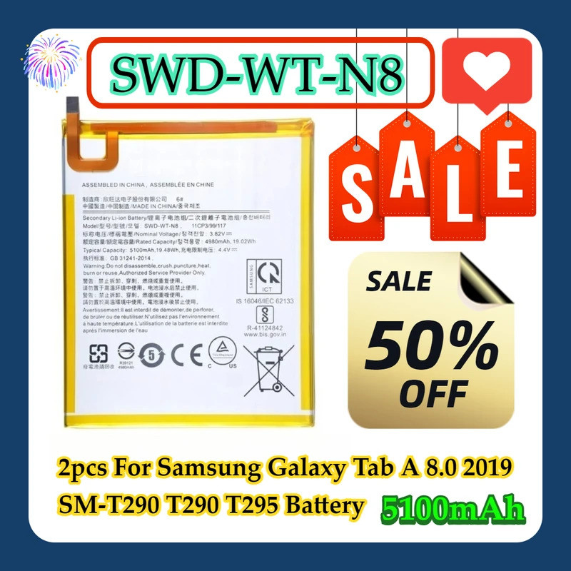 2 Peças Para Samsung Galaxy Tab A 8.0 2019 SM-T290 T290 T295 SWD-WT-N8 5100mAh Bateria