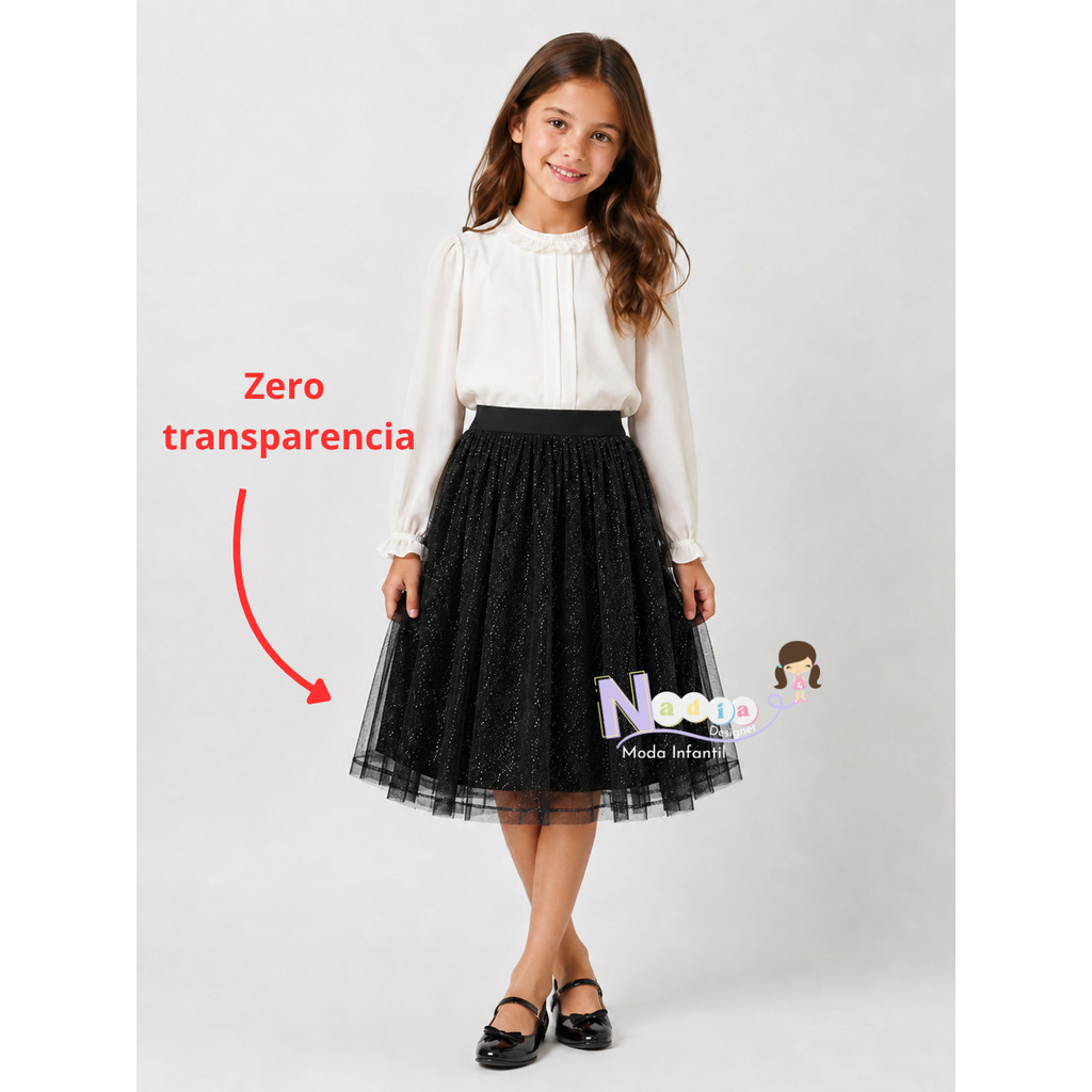Saia Infantil Preta de Tule com Glitter – Moda Evangélica – 6 a 14 Anos