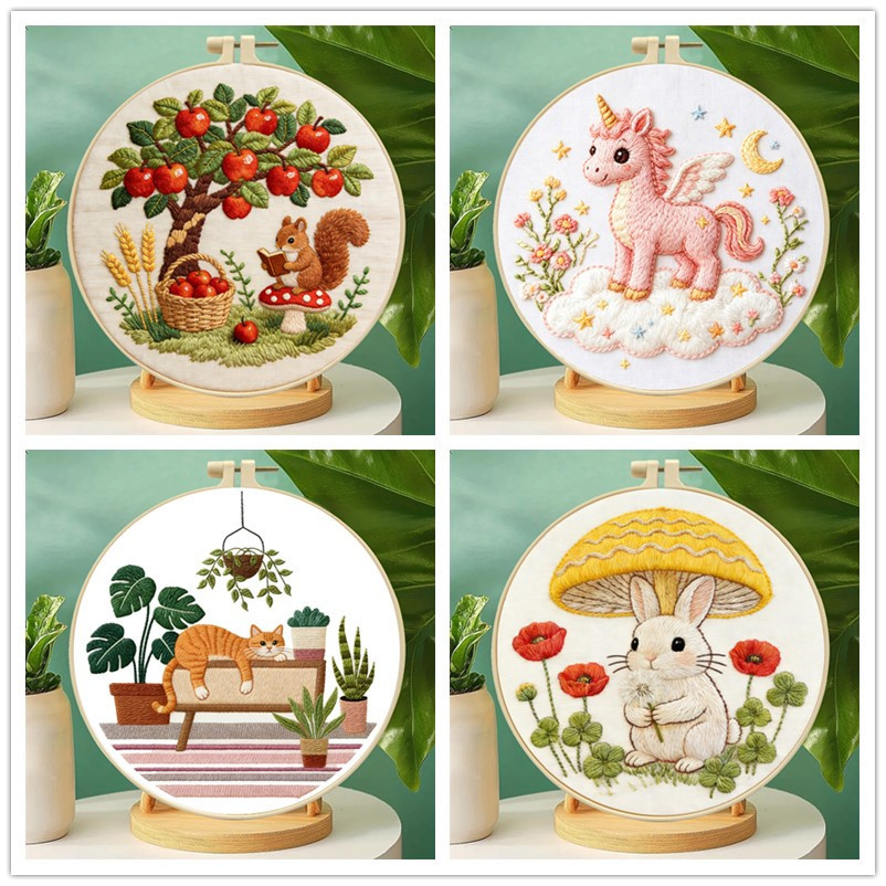 Conjuntos De Ponto Cruz Árvore Maçã Hoop Costura Com Agulha Bordado Kits Esquilo Animal Decoração Para Casa Arte
