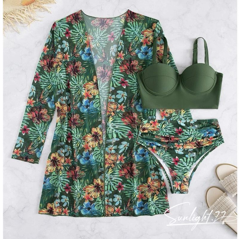 Conjunto de biquíni de 3 peças para mulheres, maiô estampado + saída de praia de manga comprida, adequado para a praia.