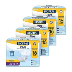 Fralda Geriátrica Bigfral Plus Regular Tamanho XG - 4 Pacotes com 16 Fraldas - Total 64 Tiras