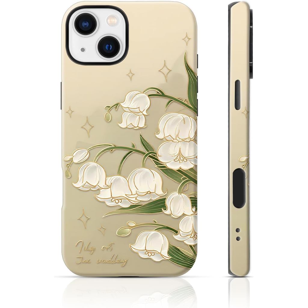Capa para iPhone 13 de 6,1 polegadas com Padrão Lírio-do-Vale Dourado, Capa 2 em 1 com Filme de Sublimação, Estilo Elega