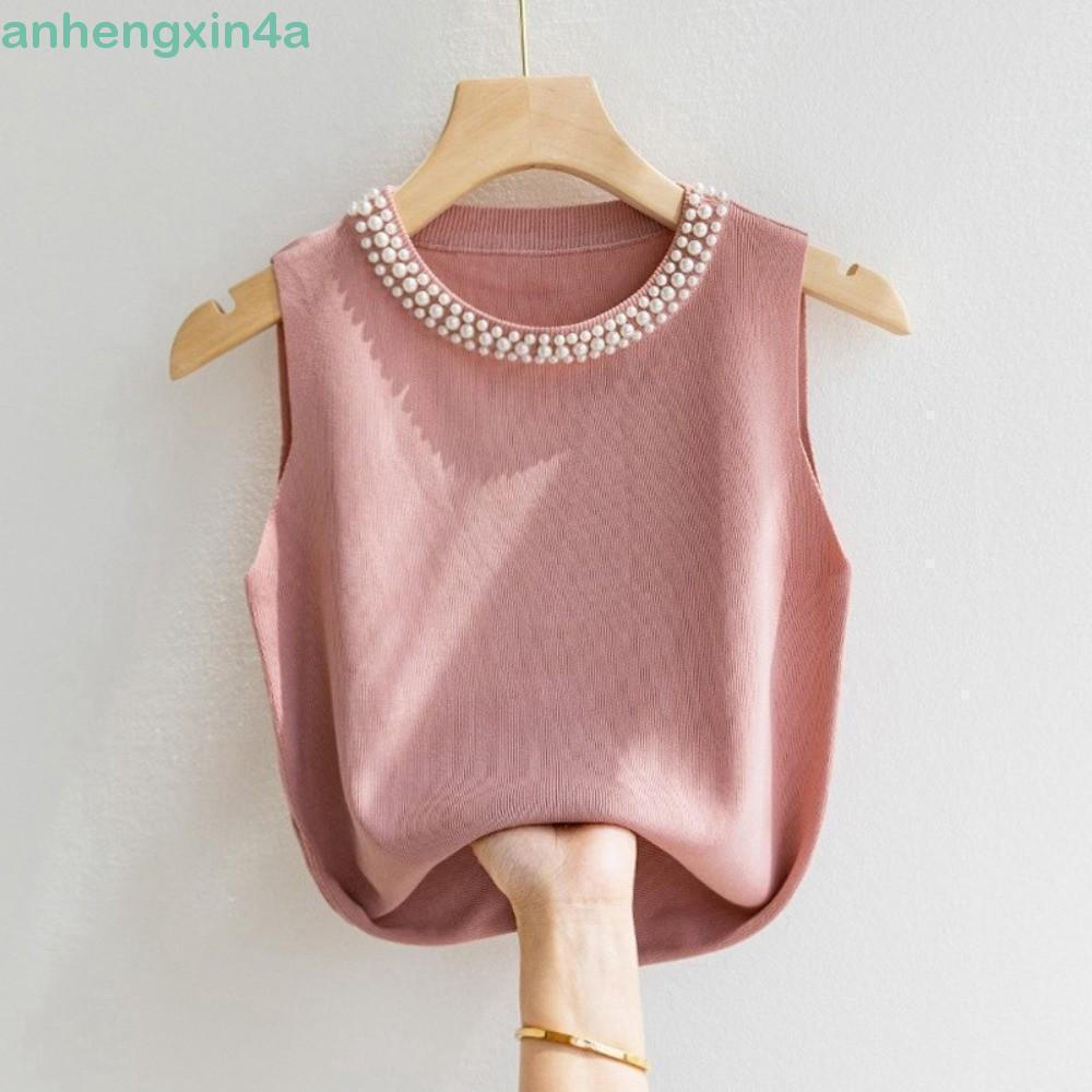 ANHENGXIN Colete De Malha , Gola Redonda , Verão , Primavera , Curto Feminino , Pérola Doce , Sem Mangas , Festa