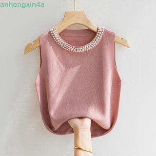 ANHENGXIN Colete De Malha , Gola Redonda , Verão , Primavera , Curto Feminino , Pérola Doce , Sem Mangas , Festa