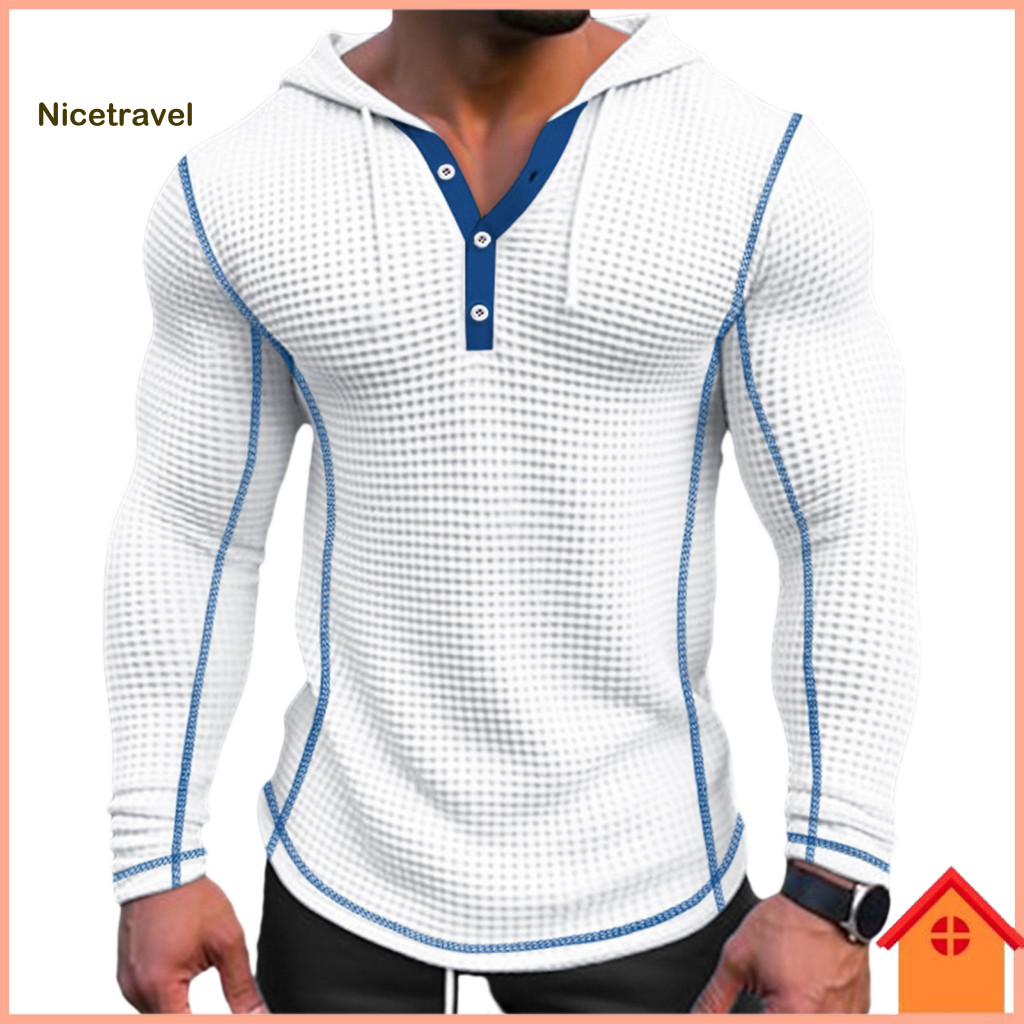 Solid Color Long Sleeve Top Comfortable Men Pullover Men's Slim Fit Cotton Waffle Hoodie Breathable with Button Closure