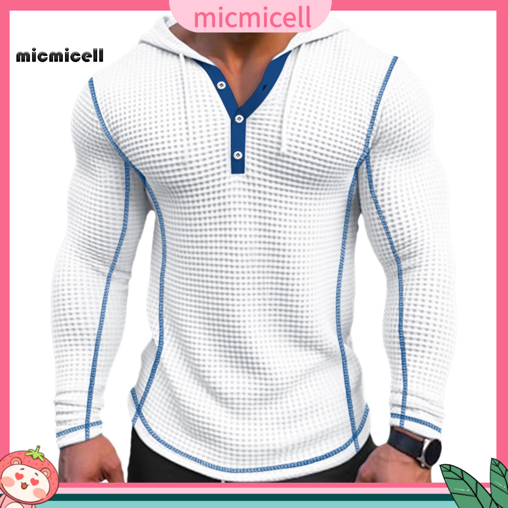Comfortable Men Pullover Solid Color Long Sleeve Top Men's Slim Fit Cotton Waffle Hoodie Breathable with Button Closure