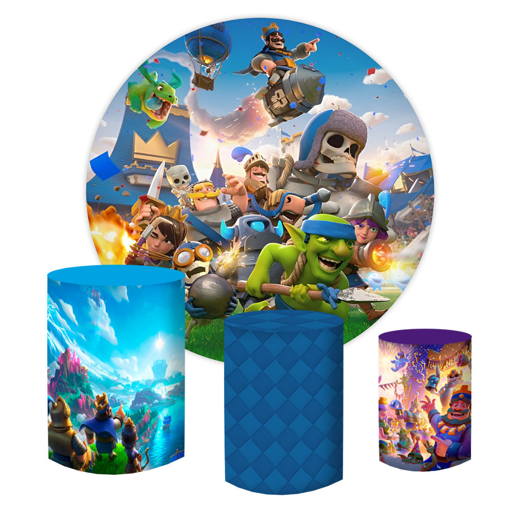DECORAÇÃO FESTA CLASH ROYALE PAINEL REDONDO CAPAS CILINDROS | Produção Ágil