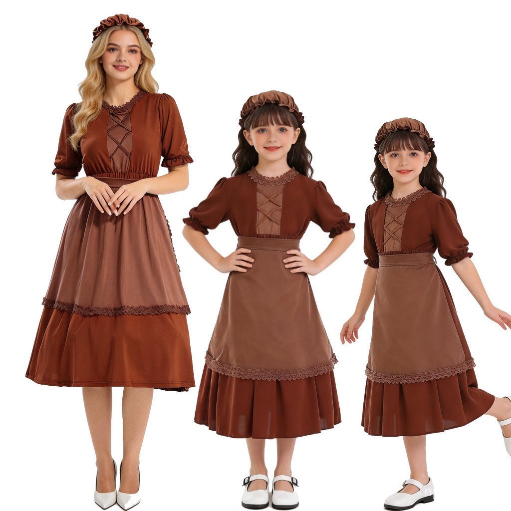 Fantasia de Halloween para Cosplay: Menina das Fósforos, Empregada de Fazenda, Loba, Avó, Avó Centenária, Pai-Filho UXE3