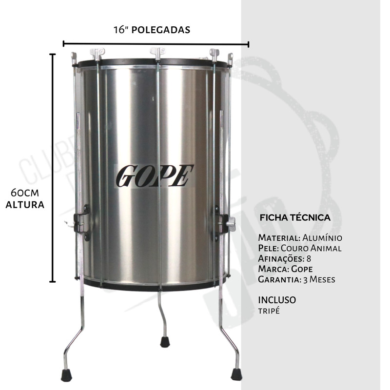 Surdo Gope Original 16" 60cm Alumínio Cromado Com Tripé Pele Couro Animal Samba Pagode