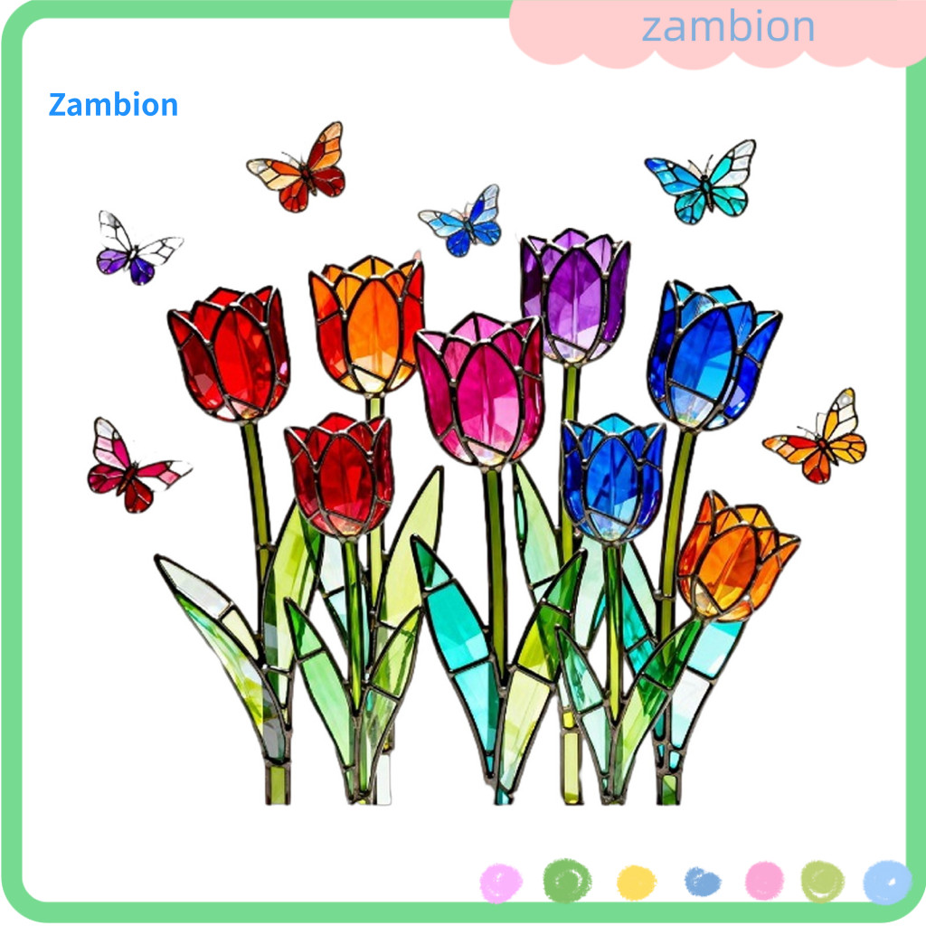 Colored Glass Decal Window Sticker Reusable Tulip Stained Film Decorative Butterfly Bouquet Static Cling for Bathroom Ro