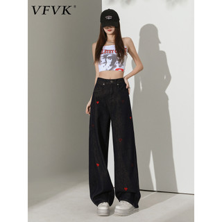Vfvk azul escuro coração bordado Denim calças de perna larga feminina cintura alta mais magro olhar 2026 novo estilo sol