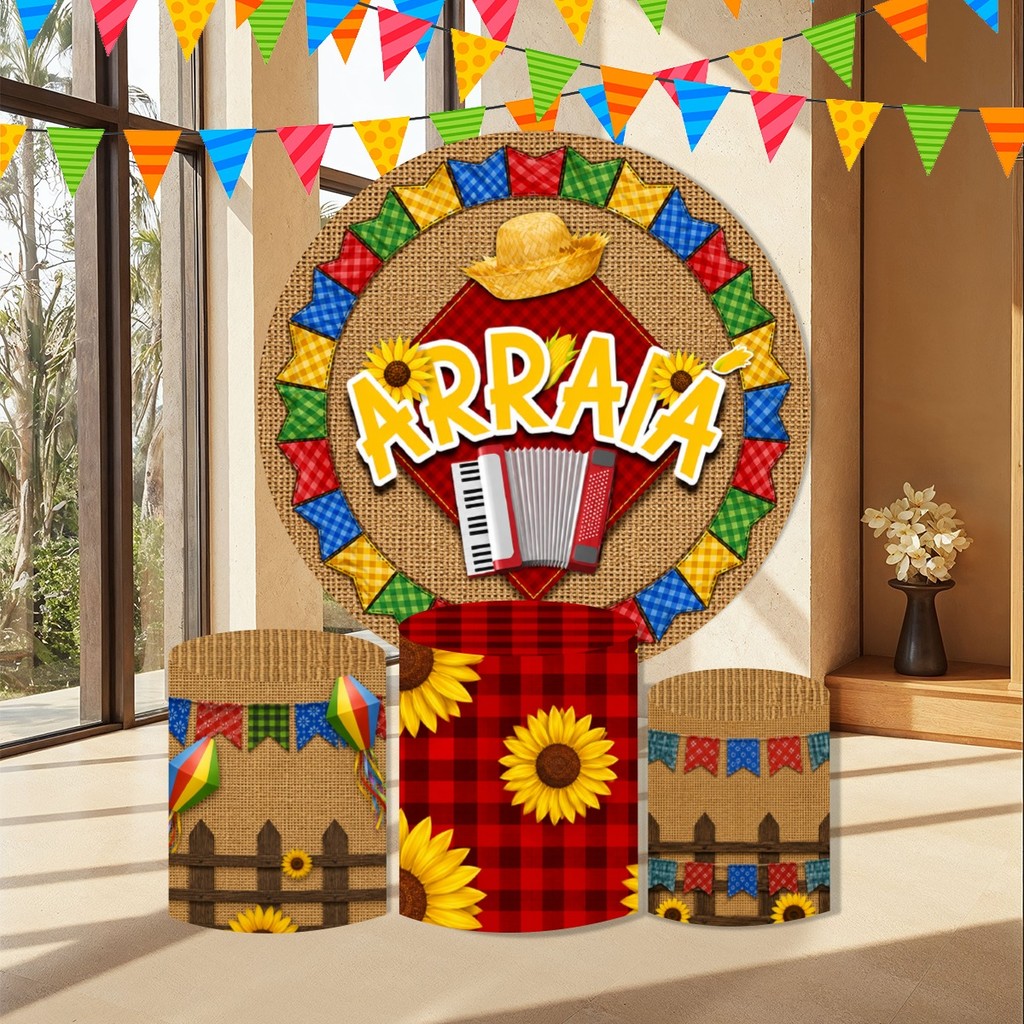 Kit Decoração Painel Redondo Com Trio De Cilindros Capas Festa Junina Arraiá São João