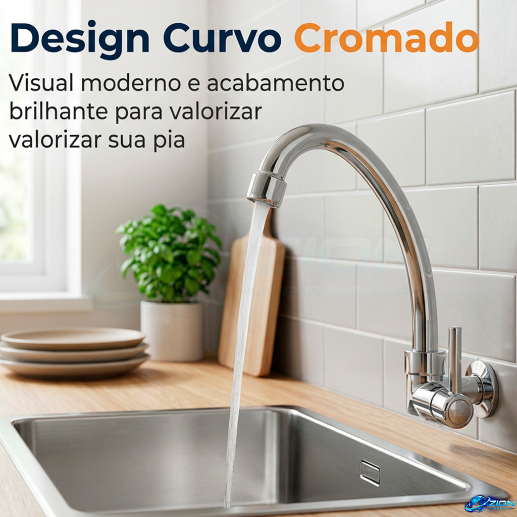 Torneira De Parede Cromada Para Pia Cozinha Bica Alta Curva Com Controle Lateral E Arejador Na Ponta