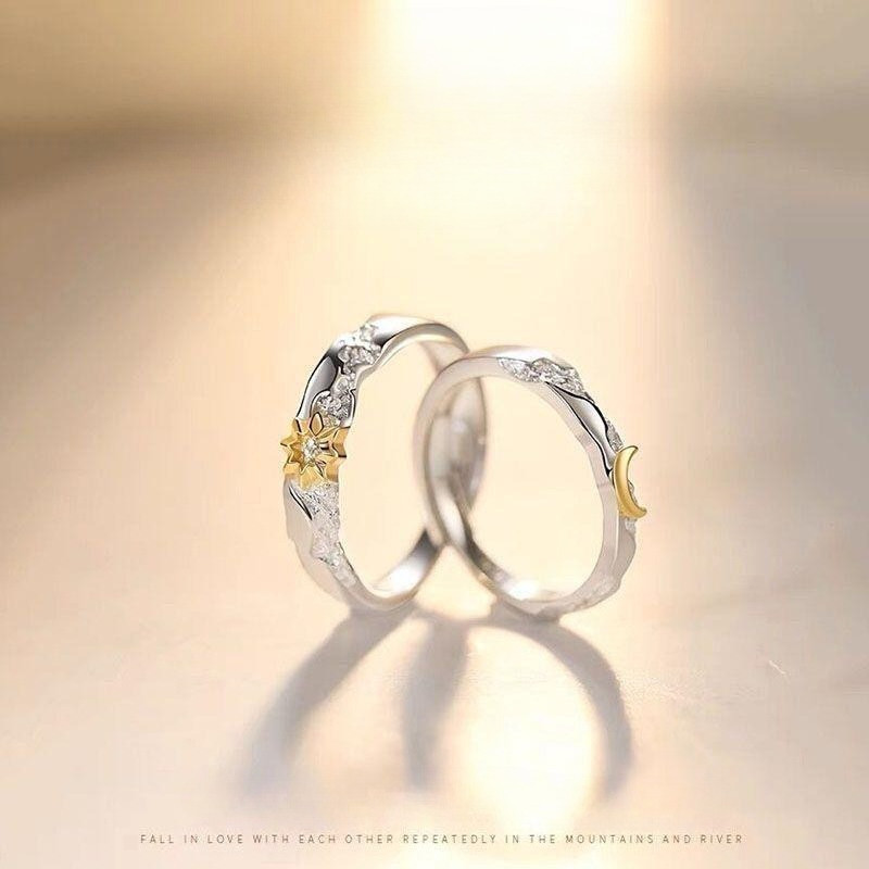 Mais Vendido Sol Lua Glória Casal Anel Retro Denim Estilo Coração Aberto Personalidade Versátil Ajustável De Dedo