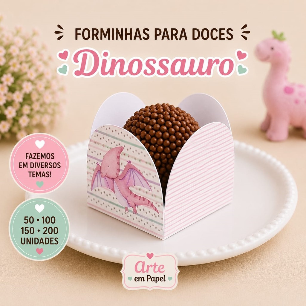 50 Forminhas Para Doces Personalizadas 4 Pétalas DINOSSAURO ROSA Envio 24H Festa Aniversário Brigadeiro