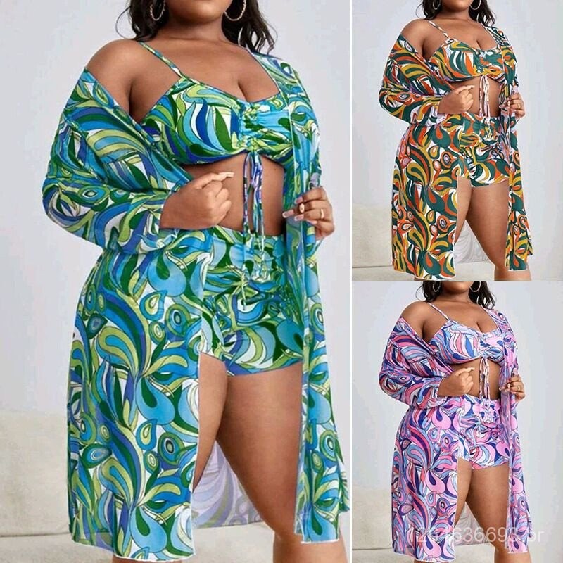Maiô Feminino Plus Size, Biquíni Sexy de Três Peças para Mulheres Gordas com Estampa Multicolorida e Saia de Praia