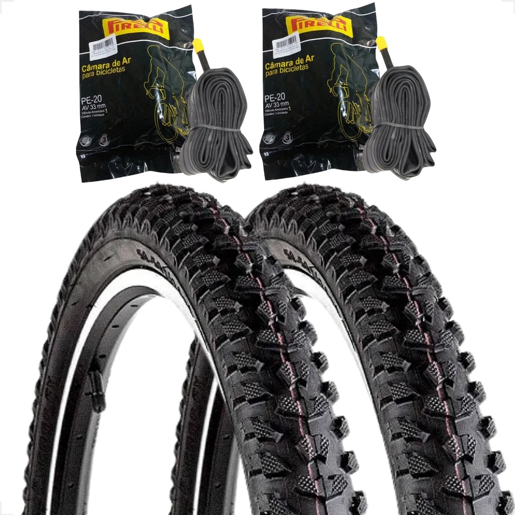 PAR Pneu bicicleta Levorin Excess aro 20 x 1.75 Cravudo Infantil mtb banda leve + PAR Camara PIRELLI