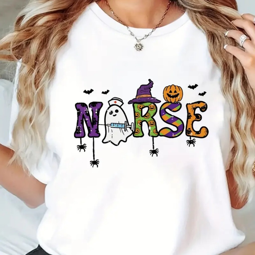 Camiseta gráfica con tema de enfermera para mujer - Cuello redondo casual, top de manga corta con diseño de Halloween