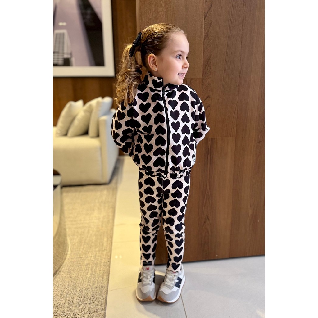 Calça Infantil Térmica Corações Preto peluciado quente grosso