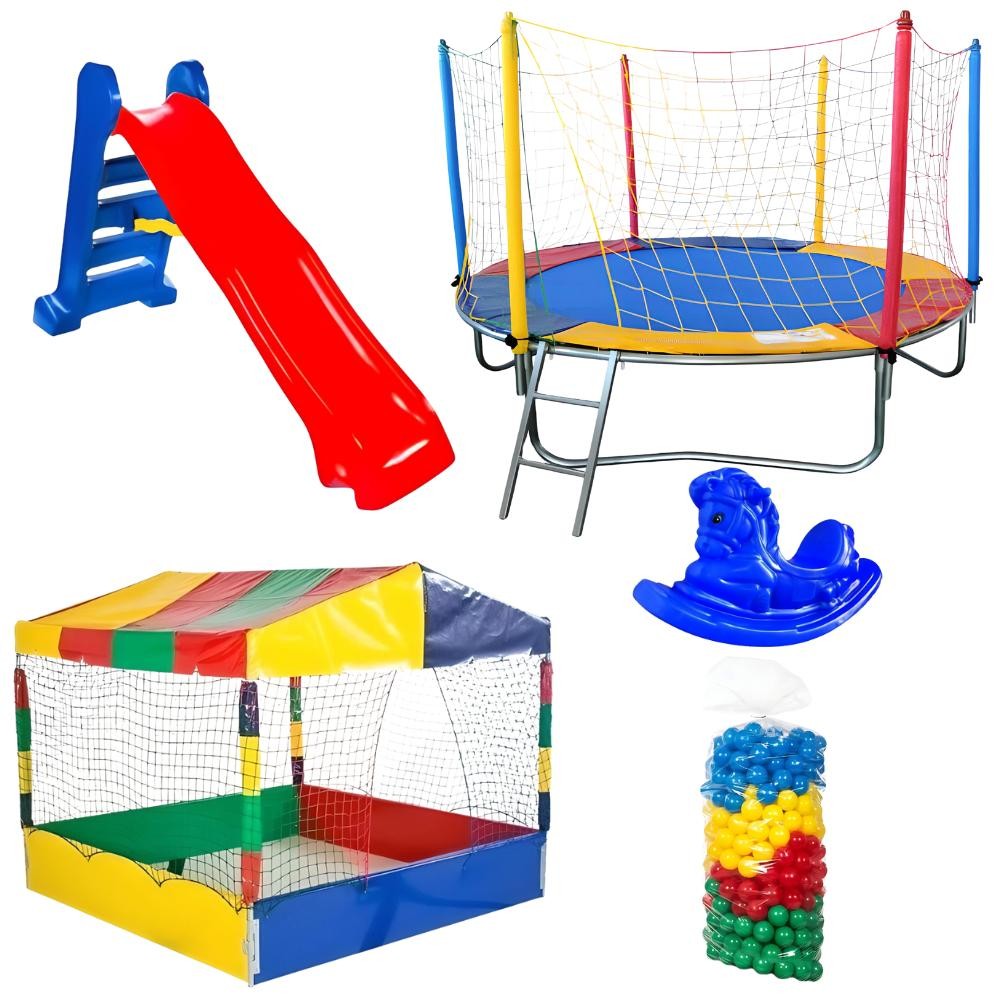 Cama Elástica 2,30m + Piscina Quadrada 1,50m + 500 Bolinhas + Escorregador Grande + Gangorra 1 Lugar