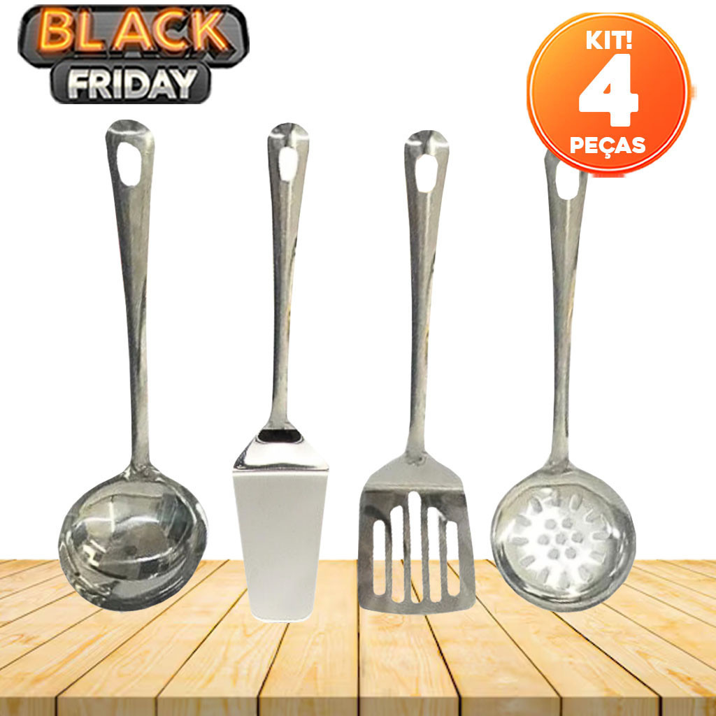 Kit 4 Utensílios de Cozinha Aço Inox - Concha, Espátula Vazada, Escumadeira e Espátula Lisa para Casa e Refeições