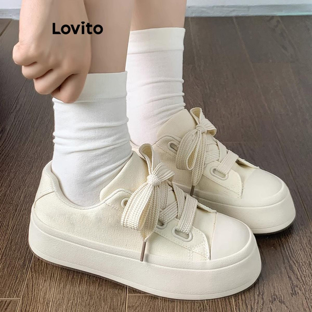 Lovito Tênis Casuais Tênis De Sola Grossa Lisa Para Mulheres LFA20372 em Oferta na Shopee