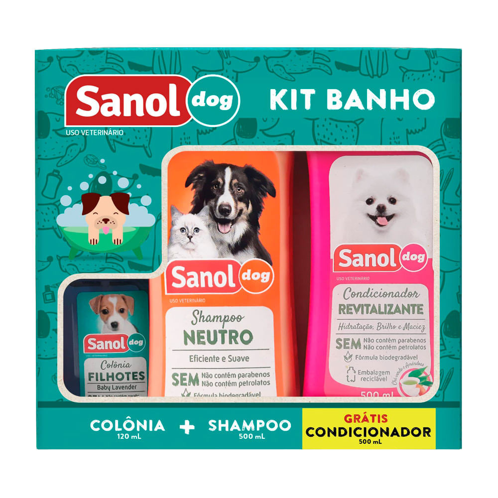 Kit Banho Veterinário Sanol Dog Shampoo e Condicionador 500ml e Colônia Filhotes 120ml em Oferta na Shopee