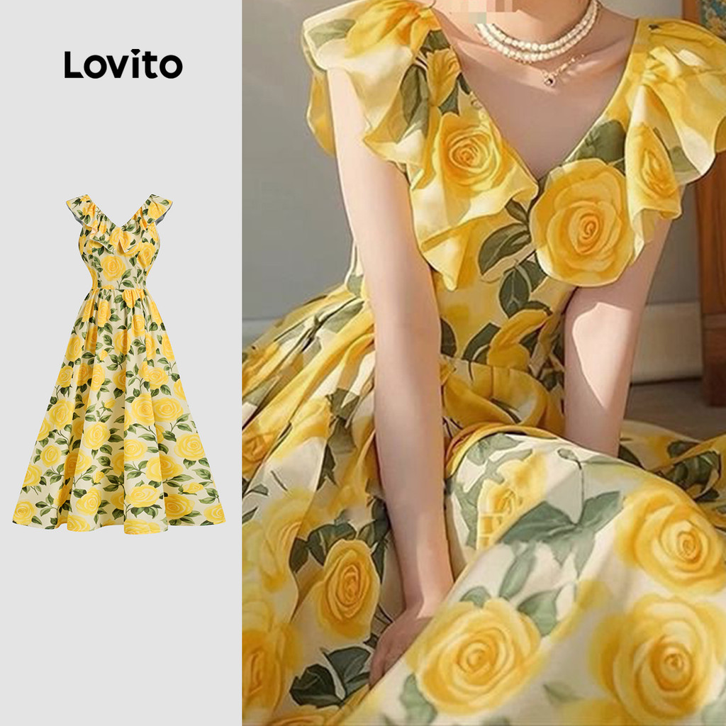 Lovito Vestido Boho Com Babados E Flores Amarelo Para Primavera/verão Feminino L150ED144 em Oferta na Shopee