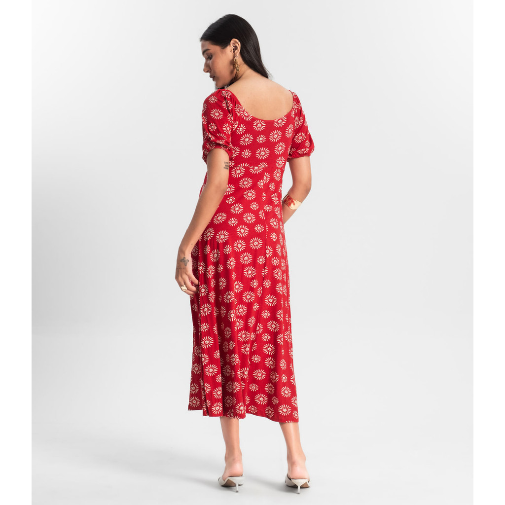 Detalhes do Vestido Feminino Midi Estampado Rovitex Vermelho
