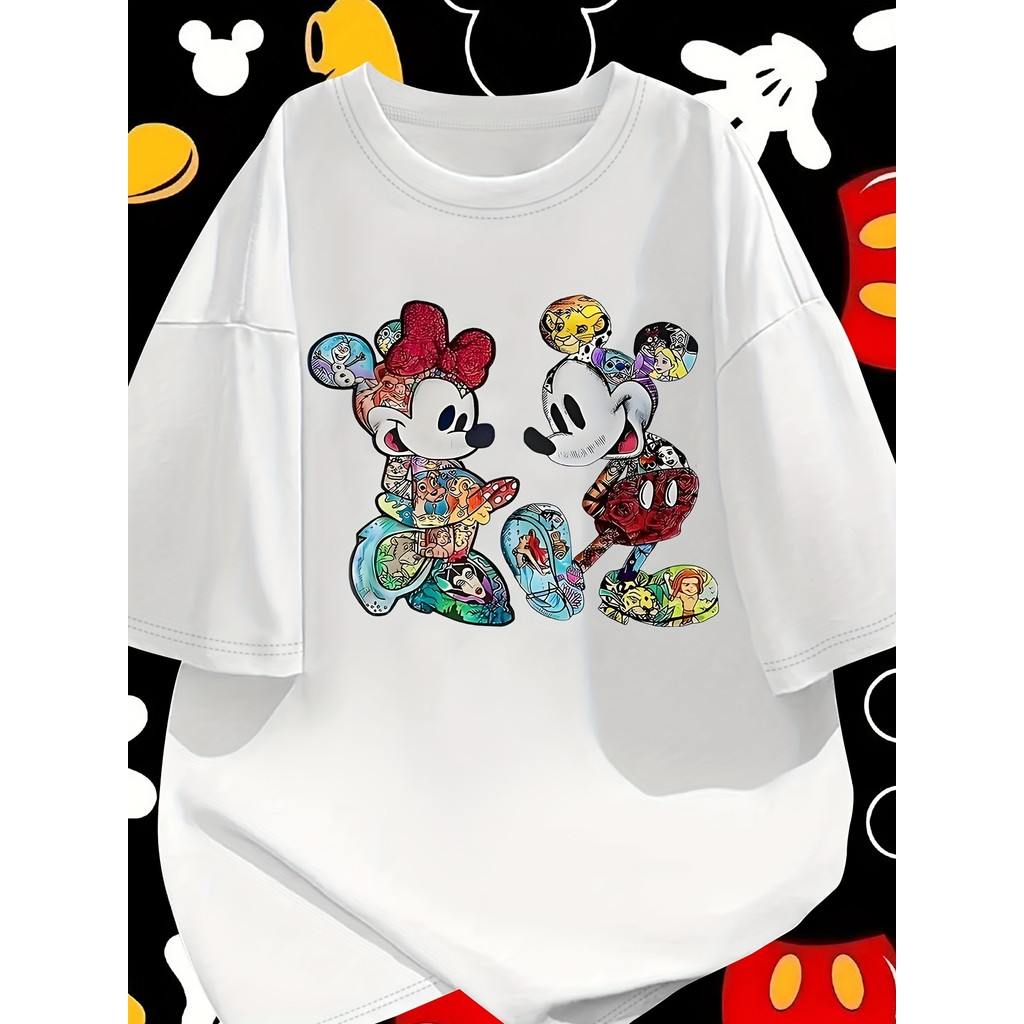 Camiseta Feminina Casual Plus Size De Algodão Com Estampa Divertida Do Mickey E Da Minnie em Oferta na Shopee