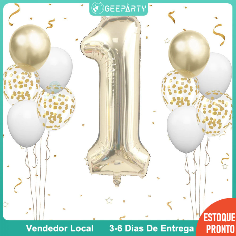 GeeParty Kit 12 Balões - Números Dourado Branco + Balões Confete Metalizado para Decoração de Aniversário