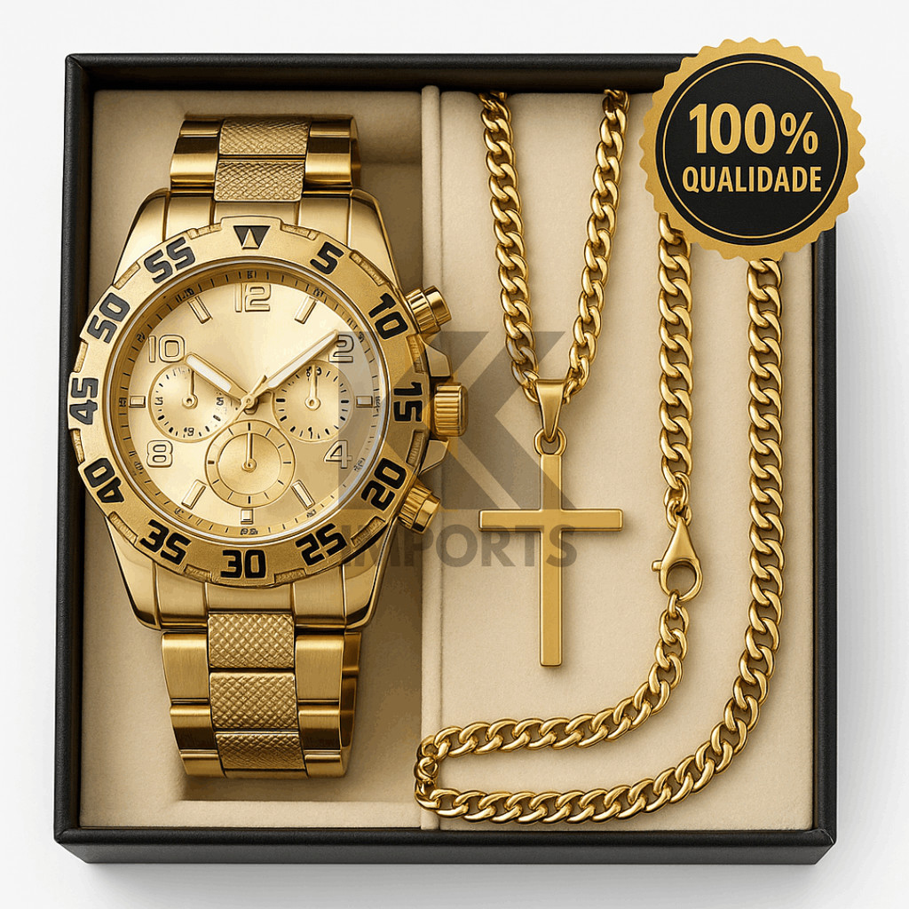 Kit Relógio Masculino Original + Corrente Cruz Banhado a Ouro 18k + Pulseira Luxo em Oferta na Shopee