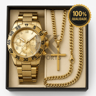 Kit Relógio Masculino Original + Corrente Cruz Banhado a Ouro 18k + Pulseira Luxo em Oferta na Shopee