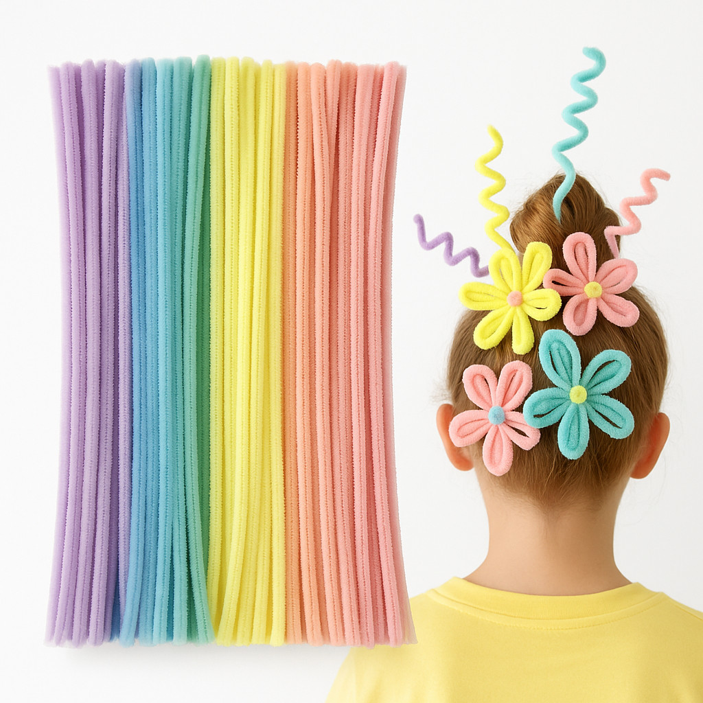 Kit 100 Hastes de Chenile Flexíveis Coloridas limpador de cachimbo  30cm para Artesanato Escolar Cabelo Maluco Decoração
