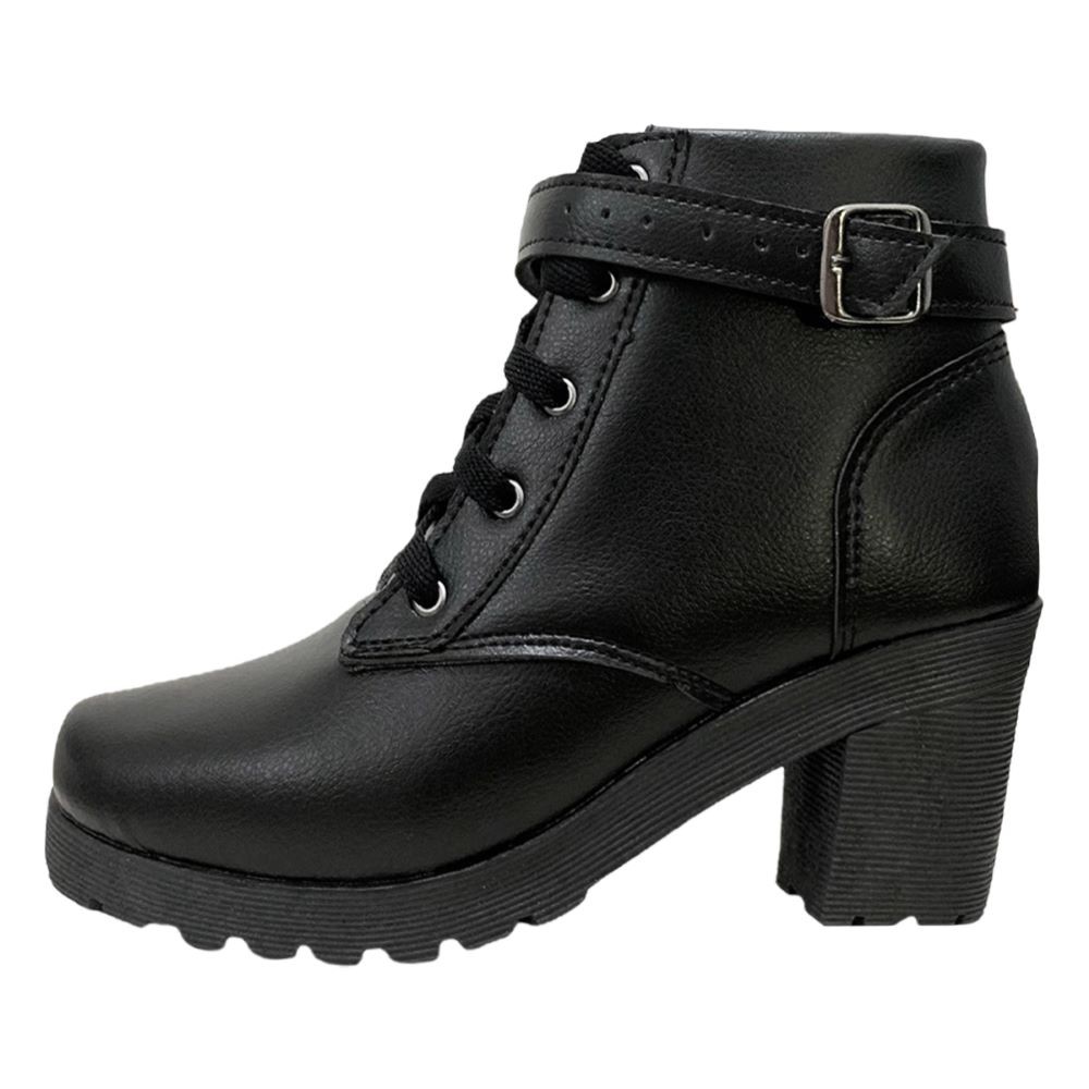 Bota Feminina Coturno Sola Tratorada com Fivela Salto Grosso Bloco Cano Curto Ref. 20/150