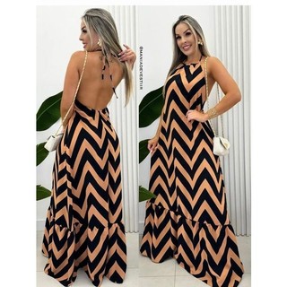 Vestido longo frente unico LISTRADO E LISO elegante tendencia