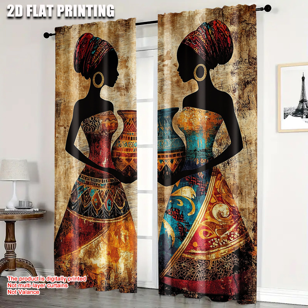 2 Peças , Cortinas De Luxo Com Impressão Plana 2D , Tecido Lavável À Máquina De Graça Africana , Sem Uso De Mola De Elet