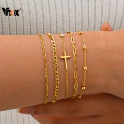 Pulseiras De Cruz De Ouro Vnox Para Mulheres , Conjunto De Com Corrente Cubana De Cobra , Pacote De Pulseira Cristã Empi