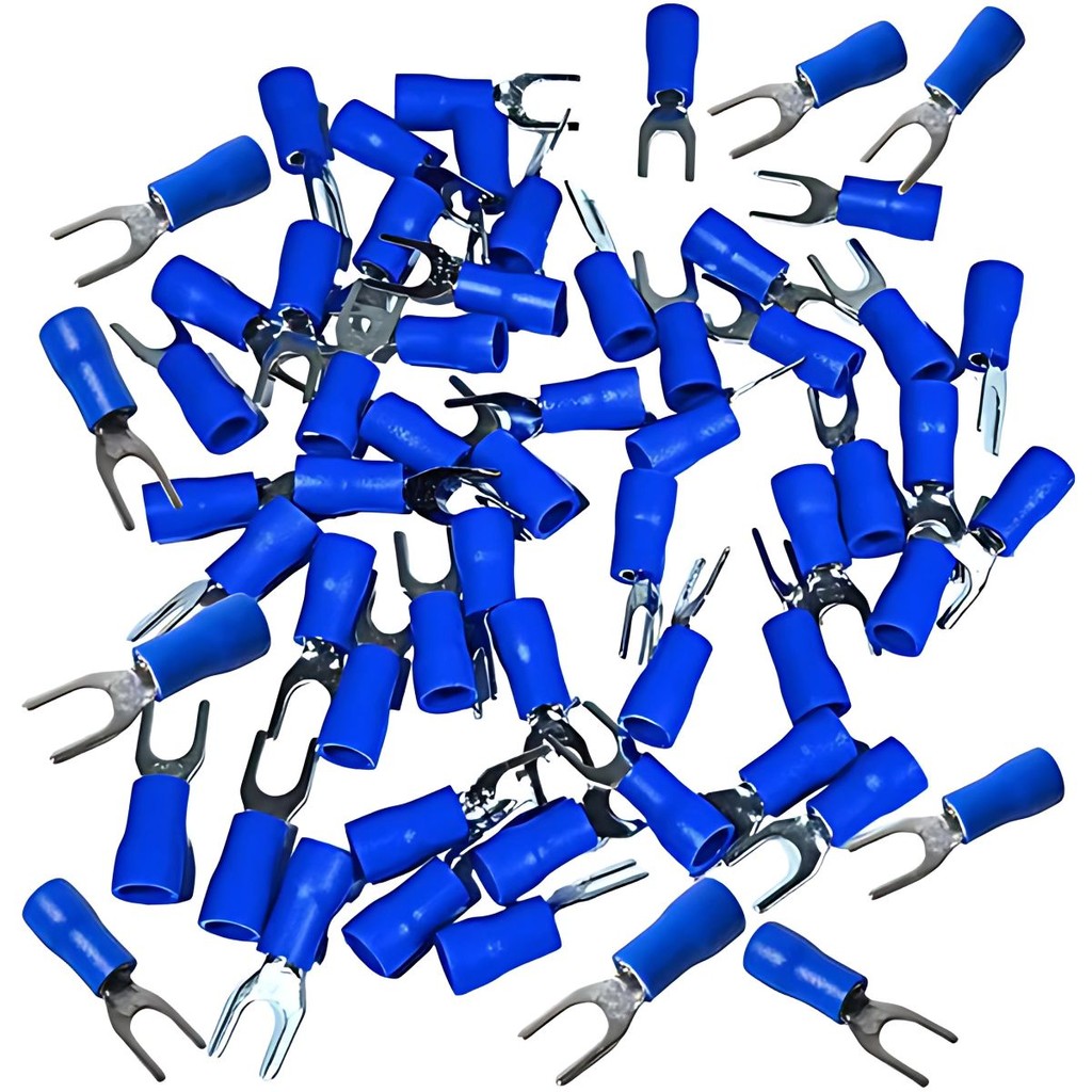 TERMINAL ELÉTRICO FORQUILHA AZUL 1,5MM 2,5MM M4 PRÉ ISOLADO KIT 100 PEÇAS CONECTOR GARFO AUTOMOTIVO