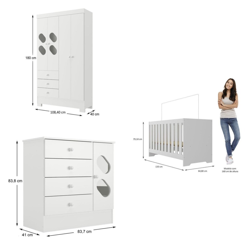 Detalhes do Quarto de Bebê Completo Guarda Roupa 4 Portas 3 Gavetas com Cômoda e Berço Hera Branco