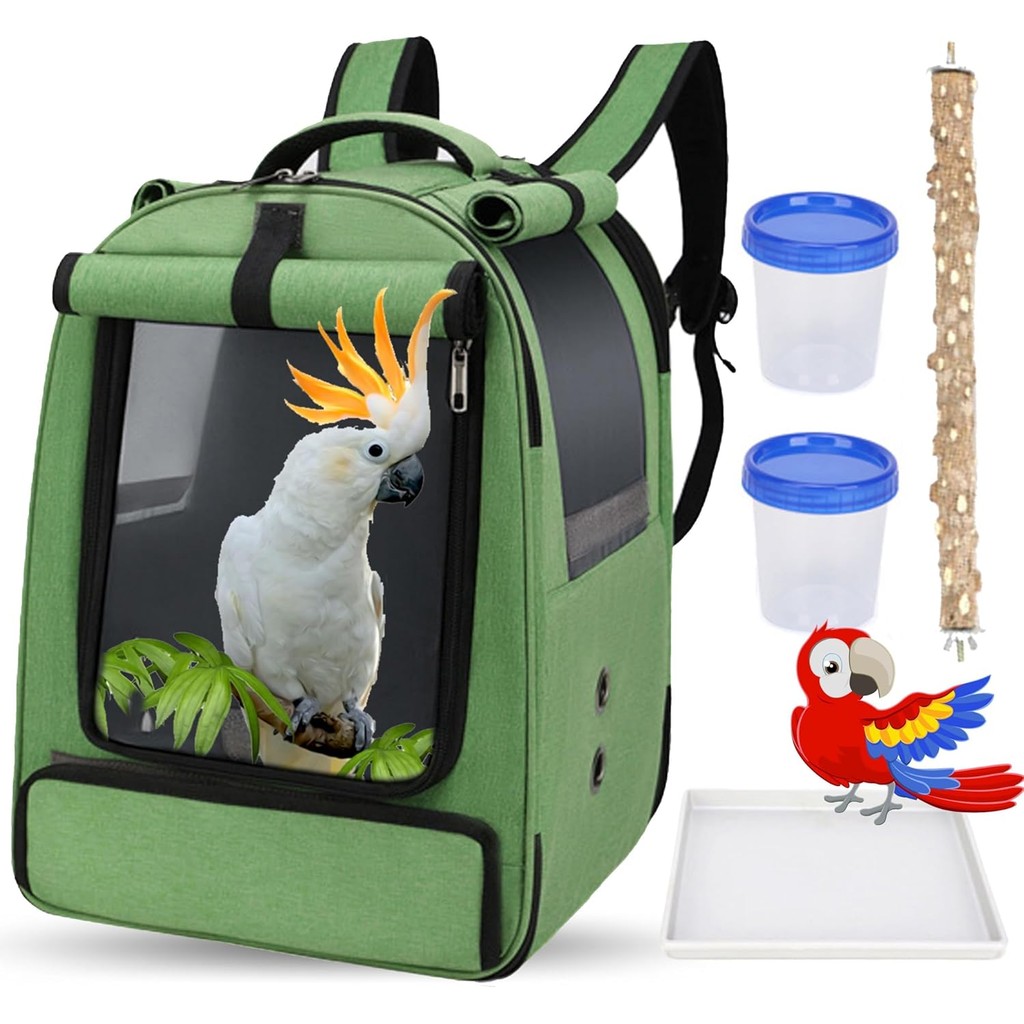 Gaiola De Viagem Para Mochila De Pássaros Calopsita , Papagaio , Periquito Com Bandeja De 2 Tigelas E Poleiro Em Pé-Transportador Cinza Africano