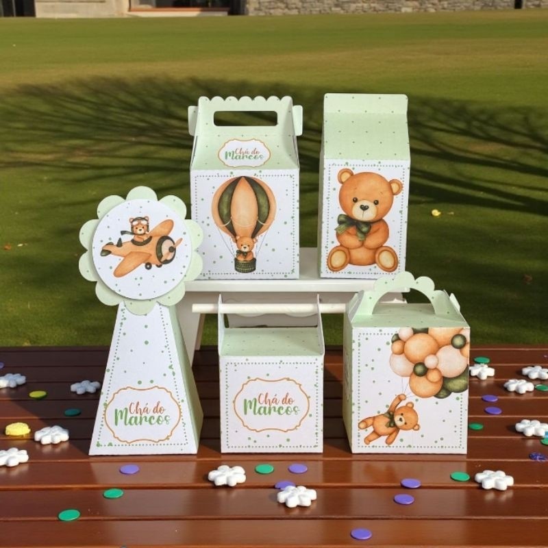 Kit Chá Revelação Ursinho(a) Ursinho Baloeiro Verde - Lembrancinhas - Chá de Bebê Pegue e Monte