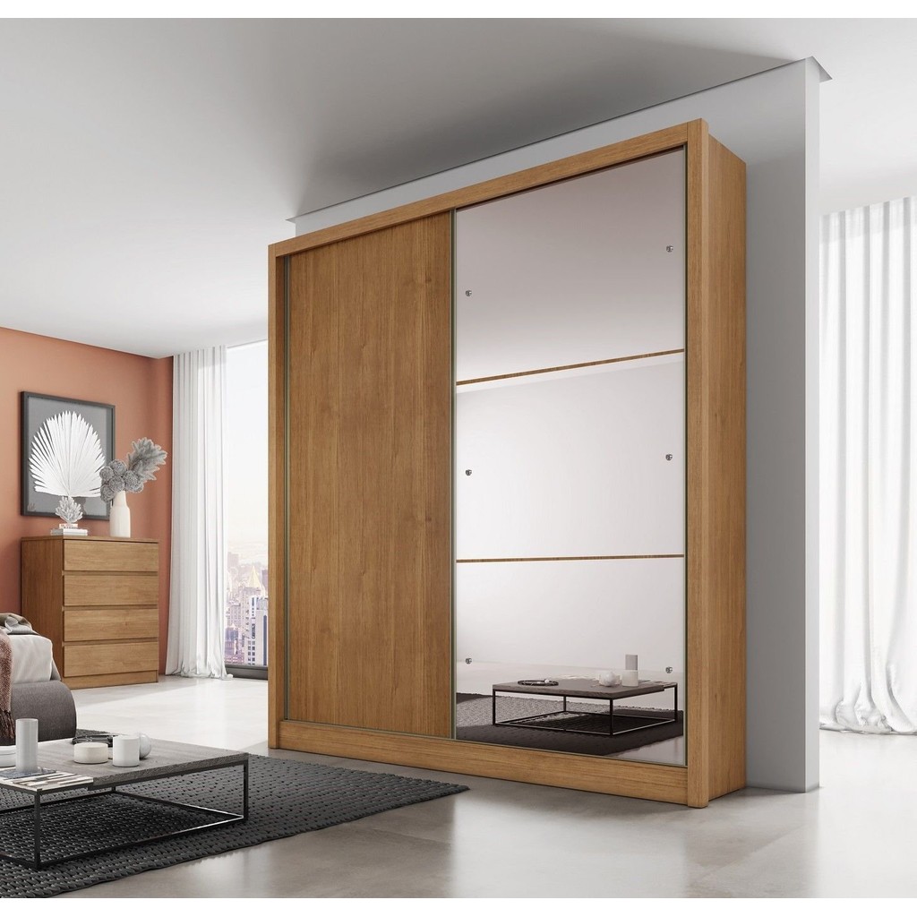 Guarda Roupa Solteiro com Espelho 2 Portas 3 Gavetas Toronto  Cumaru em Oferta na Shopee