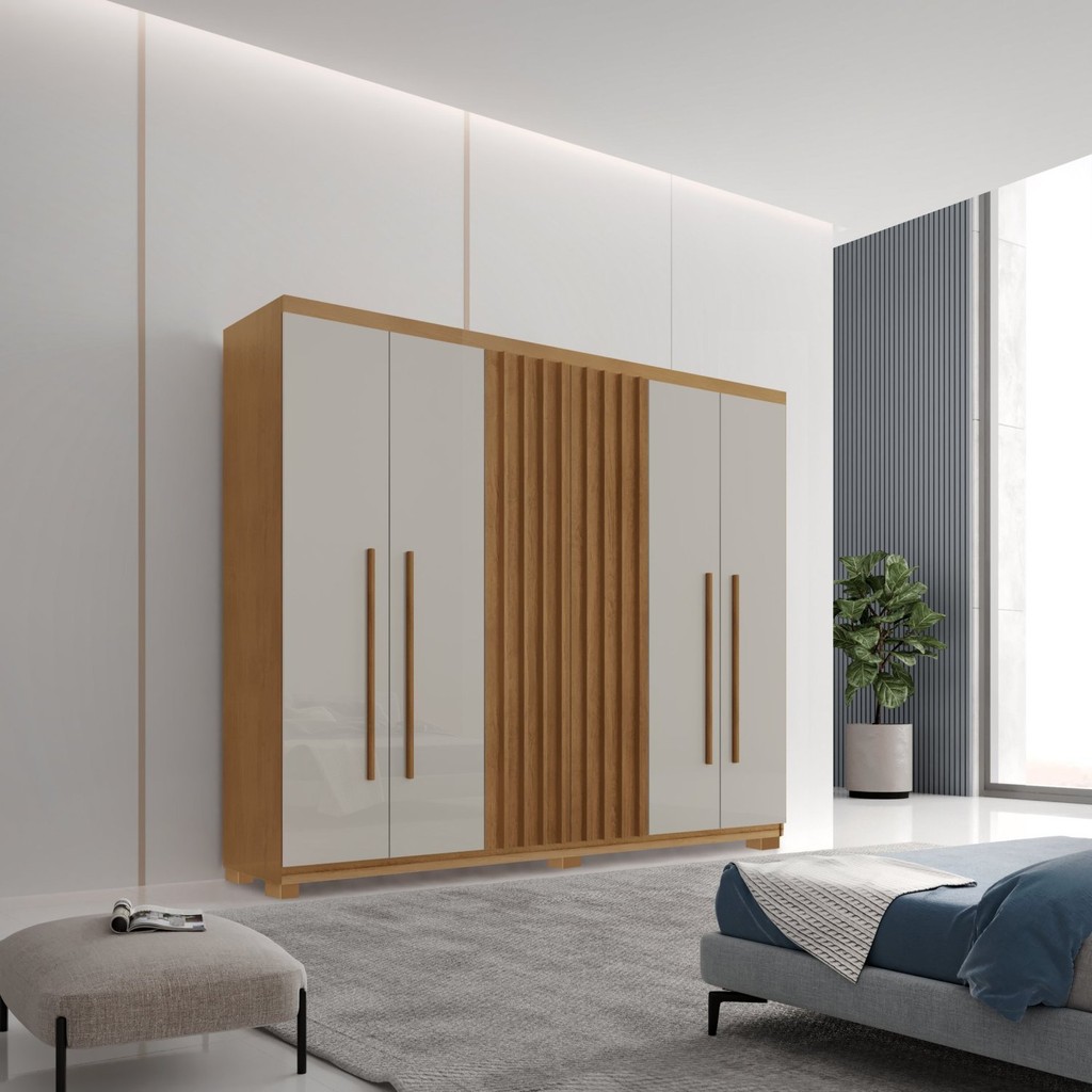 Guarda-Roupa 6 Portas 2 Gavetas com Pés MDF Logan Naturale/Off White em Oferta na Shopee