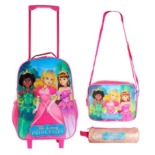 Kit Mochila Escolar Infantil 3 Peças Princesas Carrinho Colorida Resistente Confortável Volta Aulas Menino Menina